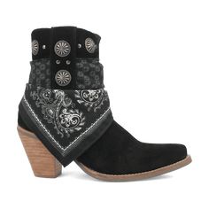 Get wild with reckless abandon in our Bandida boot from Dingo1969. Meant for those with a restless spirit, this 7-inch bootie features a 3-inch heel, gorgeous metal medallions and bandana wrap detail — you simply cannot go wrong with the Bandida. Bohemian Black Ankle Boots, Black Snip Toe Boots For Festival, Black Snip Toe Festival Boots, Black Ankle-high Festival Boots, Black Ankle-high Boots For Festival, Black Ankle Boots For Festival, Dolly Shirt, Reckless Abandon, 3 Inch Heels