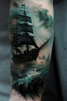 ship tattoos Ocean Ship Tattoo, Ship In A Storm Tattoo, Viking Ship Tattoo Design, Ken Tattoo, Jd Tattoo, Shipwreck Tattoo, Sunken Ship Tattoo, Tattoo Ship