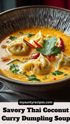 savory thai coconut curry dumpling soup in a bowl