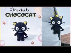 crochet black cat keychain with eyes and ears