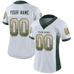 custom football jersey with your name and number on the front in green, white and gold