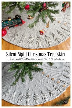 two christmas tree skirts on top of a wooden floor with pine cones and ornaments around them