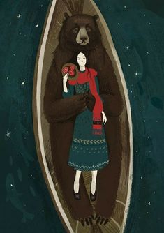 a woman in a boat with a bear on her back and stars above the water