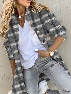 Eromis - Womens Plaid Print Button-Up Shirt with Long Sleeves and Collar - Casual and Stylish Gray Fall Shirt With Button Closure, Gray Shirt With Button Closure For Fall, Gray Shirt With Button Closure, Trendy Plaid Button-up Shirt, Spring Plaid Button-up Shirt, Plaid Long Sleeve Shirt With Snap Buttons, Plaid Button-up Outerwear With Button Closure, Plaid Cotton Button-up Blouse, Plaid Print