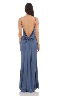 Wedding Guest Dress Inspo Elegant, Navy Blue Backless Dress, Wedding Guest Dress Backless, Low Back Dress Prom, Early 2000s Homecoming Dress, Backless Bow Dress, Dusty Blue Maxi Dress, Prom Dresses 2025 Trends, Sweet 16 Guest Dresses