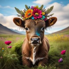 a cow with a flower crown on its head sitting in the middle of a field