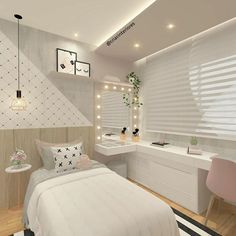 a bedroom with a bed, desk and vanity in it's corner area next to a window