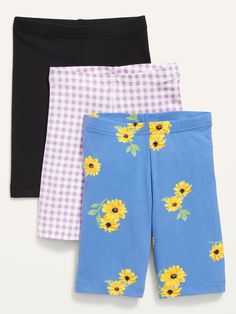 three pairs of girls'shorts with sunflowers and gingham checks on them