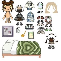 a bed with lots of items on top of it next to a wall mounted doll