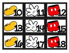 mickey mouse numbers and symbols are shown in black, white, yellow and red colors