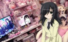 an anime character is standing in front of a shelf full of stuffed animals and dolls