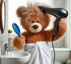 a teddy bear is drying his hair with a blow dryer