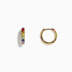 Effy Watercolor 14k Gold Multi Sapphire Huggie Earrings 14k Gold Huggie Earrings With Gemstone, 14k Yellow Gold Hoop Earrings With Gemstone, 14k Yellow Gold Gemstone Hoop Earrings, 14k Gold Gemstone Huggie Earrings, 14k Gold Rainbow Jewelry, 14k Gold Round Rainbow Jewelry, Multicolor 14k Gold Jewelry With Prong Setting, Rainbow Colored Round 14k Gold Jewelry, Yellow Gold Gemstone Huggie Earrings