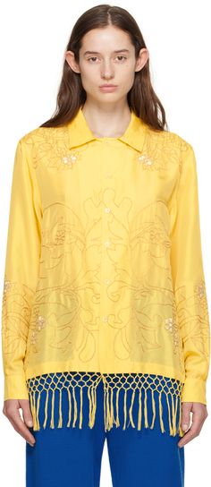 Plain-woven silk shirt. Metallic floral embroidery throughout. · Spread collar · Button closure · Fringe at hem · Single-button barrel cuffs · Twin pleats at back yoke Each item is unique. Please note that coloration and finishings may vary. This item is part of a limited run of 66. Supplier color: Yellow Elegant Tops With Embroidered Cuffs, Luxury Buttoned Shirt For Spring, Luxury Spring Tops With Buttons, Luxury Buttoned Tops For Spring, Designer Embroidered Shirt For Spring, Elegant Blouse With Embroidered Cuffs, Luxury Button-up Blouse For Spring, Designer Formal Tops With Floral Embroidery, Formal Long Sleeve Blouse With Embroidered Cuffs