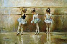 three young ballerinas are standing in front of a wall with their hands on the bars