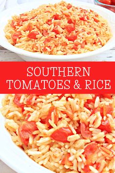 two bowls filled with rice and tomatoes on top of a table next to each other