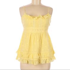 Juicy Couture Sleeveless Ruffle Top Such A Feminine Top In Canary Yellow Pit To Pit Approx 16.5 Brand New Store Tag Feminine Summer Tank Top With Ruffle Hem, Summer Tank Top With Ruffled Hem And Straps, Summer Ruffle Hem Tank Top, Casual Sleeveless Tank Top With Ruffle Hem, Spring Tank Top With Spaghetti Straps And Ruffles, Summer Sleeveless Tank Top With Ruffle Hem, Summer Ruffled Spaghetti Strap Tank Top, Feminine Ruffle Hem Tank Top, Spring Tank Top With Ruffled Straps For Day Out