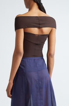 An off-the-shoulder neckline creates a cutout effect at the back of a sheer top that fits right into the Spanish designer's collection of daring essentials. 21" center front length (size Medium) Off-the-shoulder neck Short sleeves Sheer; base layer shown not included 92% viscose, 8% elastane Machine wash, dry flat Made in Portugal Designer Clothing Summer Off-shoulder Top With Built-in Bra, Fitted Off-shoulder Top With Built-in Bra, Off-shoulder Top With Built-in Bra For Summer, Fitted Off-shoulder Top For Summer Nights Out, Fitted Off-shoulder Mesh Top For Night Out, Stretch Off-shoulder Tube Top With Built-in Bra, Fitted Cold Shoulder Off-shoulder Top For Summer, Fitted One-shoulder Foldover Top For Summer, Fitted One Shoulder Foldover Top For Summer