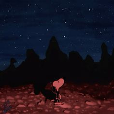 a cartoon character standing in the middle of a field at night with stars above him