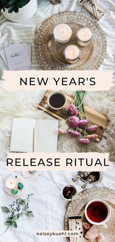 new year's release ritual with candles, teacups and other items on a bed