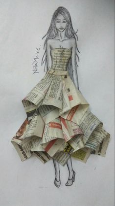 a drawing of a woman in a dress made out of newspapers