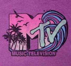 the tv logo is shown on a purple t - shirt with palm trees in the background