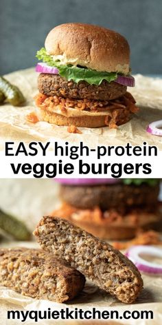 an image of burgers with the words easy high - protein veggie burgers