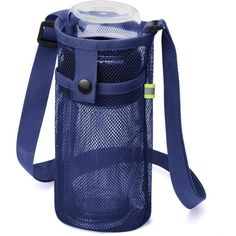 a blue mesh bag with a water bottle in the front and shoulder strap around it