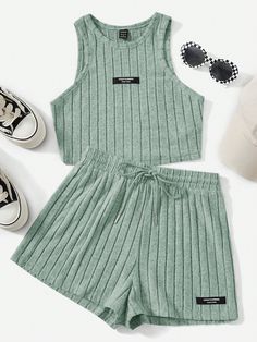 verde menta Casual Collar   Letras  Embellished Elástico Ligero Verano Elastic Waist Shorts Outfit, Drawstring Shorts Outfit, Tie Waist Shorts, Drawstring Waist Shorts, Elastic Waist Shorts, Knitted Tank Top, Womens Clothing Sizes, Knit Tanks, Sleeveless Tank Top