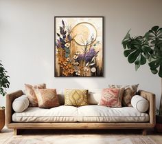 a living room with a couch, potted plants and a painting on the wall