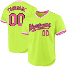 Custom Neon Green Pink-Black Authentic Throwback Baseball Jersey Customizable Collegiate Jersey For Baseball Season, Custom College Jersey For Baseball Season, Customizable College Jersey For Baseball Season, Customizable College Baseball Jersey, Customizable Collegiate Baseball Jersey For Sports Season, Customizable Pink Sporty Baseball Jersey, Customizable Varsity Baseball Jersey, Collegiate Customizable Jersey With Baseball Collar, Collegiate Jersey With Customizable Baseball Collar