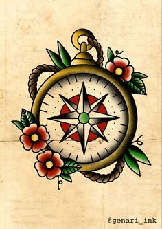 an old school compass tattoo design with flowers