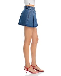 Steve Madden Marlowe Pleated Denim Skort Denim Jeans With Belt Loops And Short Legs, Spring Dark Wash Short Leg Jeans, Medium Wash Short Leg Denim Bottoms, Dark Wash Short Leg Bottoms For Spring, Dark Wash Short Leg Jeans For Spring, Dark Wash Short Length Jeans For Spring, Spring Medium Wash Short Leg Jeans, Chic Denim Blue Cutoff Bottoms, Spring Short Leg Medium Wash Jeans