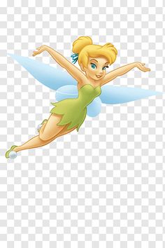 tinkerbell flying through the air with her arms outstretched and legs spread out, transparent background