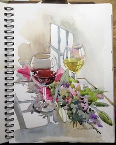 a watercolor painting of wine and flowers on a table