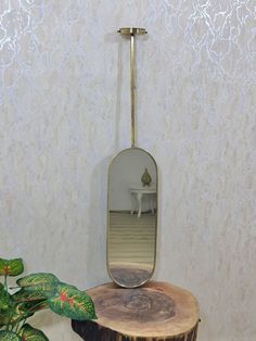 a mirror sitting on top of a tree stump next to a potted green plant