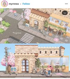 an animated city scene with people walking and riding bikes in front of a storefront