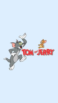 the tom and jerry logo is shown on a blue background with an image of two cartoon characters