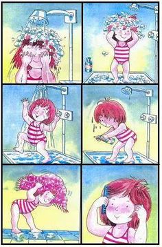 a comic strip shows a girl washing her hair in the shower and brushing her teeth