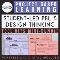 This mini-bundle includes all of the templates, guiding materials, and planning templates for smooth and organized self-directed project-based learning with an emphasis on design thinking.Project-based learning asks students to dive deeply into concepts and interests through sustained inquiry. PBL is authentic, community-based, and focuses on real-world problems and solutions. Check out this blog post for some examples of my students' designed and directed PBLs. The outcomes of PBLs are positive and make a real and positive impact on the community. The project-based learning tool kit included in this mini-bundle is essentially a roadmap for students to follow when designing and leading their own PBLs. The design thinking tool kit gives them all of the tools needed to ensure high-quality an Project Based Learning High School, Design Thinking Tools, Rubric Template, Higher Order Thinking, Teacher Design, Kit Design, Word Bank, Experiential Learning, Teacher Guides