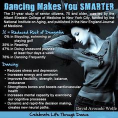 a woman is dancing with her arms in the air and texting that reads, dancing makes you smarter