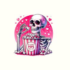 a skeleton sitting in a popcorn bucket filled with sprinkles