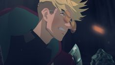 an animated image of a man with blonde hair and glasses looking to his left in front of a dark background