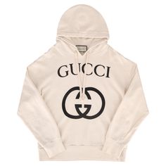 Gucci Cotton Logo Hoodie Unisex - Ivory coloured jersey hooded top with black logo printed wording and logo. 'GUCCI' 'GG'. Rrp £870 Size - L Condition - Very Good (A very small mark) Composition - Cotton Gucci Hoodie, Gucci Top, Hooded Tops, Cotton Logo, Cream And Gold, Black Logo, Boutique Clothing, Sweater Hoodie, Sweater Outfits