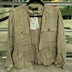 Nwt - Size Xs - Never Worn - Great Spring Jacket! Gold Buttons At Pockets And Wrists Zara Khaki Long Sleeve Utility Jacket, Zara Khaki Tops With Pockets, Tan Jacket, Spring Jacket, Spring Jackets, Zara Jackets, Utility Jacket, Gold Buttons, Jackets For Women