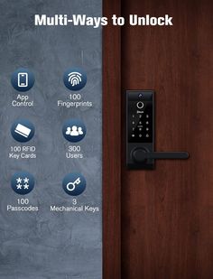 an electronic door lock is shown with the words multi - ways to unlock