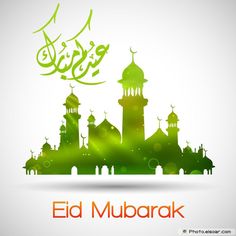 an eid mubarak greeting card with mosques in green and orange colors