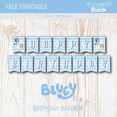 a birthday banner with the words happy birthday written in blue and white on wood background