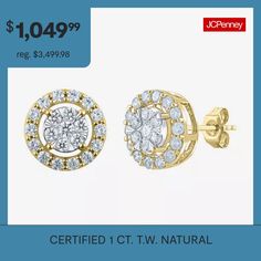 Features: Certified DiamondsDiamond Clarity: I1Earring Back: FrictionSetting: Multi-SettingStone Cut: RoundDiamond Color: IMetal Color: YellowEarring Length: 10.9mmEarring Width: 10.9mmRounded Carat Weight: 1 Ct. T.w.Care: Wipe CleanStone Type: 42 Natural DiamondAuthenticity: Natural DiamondBirthstone: April BirthstoneEarrings Style: Stud Earrings, Halo Earrings, Multi-Diamond EarringsMetal: 14k GoldCountry of Origin: Imported Yellow Gold Diamond Cluster Earrings With Halo, 14k Gold Cluster Diamond Earrings For Anniversary, Cluster Yellow Gold Diamond Earrings For Anniversary, Fine Jewelry Cluster Earrings With Halo Design For Anniversary, 14k Gold Cluster Earrings With Halo Design For Anniversary, 14k Gold Cluster Earrings With Halo Design, Yellow Gold Cluster Earrings With Halo Setting, Anniversary Yellow Gold Round Cut Cluster Earrings, Anniversary Yellow Gold Cluster Earrings