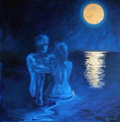 two people sitting on a bench in front of the water with a full moon behind them